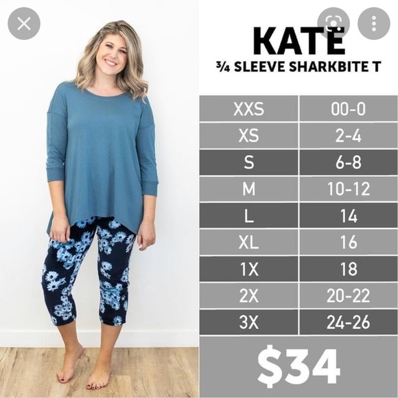 LulaRoe Cozy Kate 3/4 Sleeve Shark-bite T - Picture 4 of 5